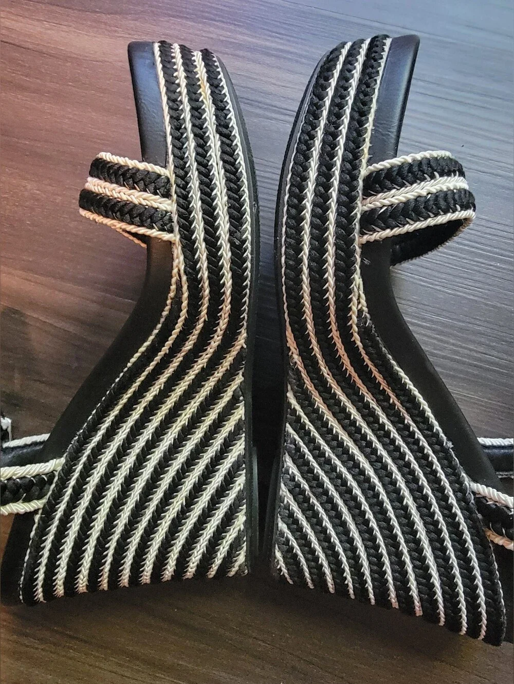 MIA Black and White Braided Wedge Sandals - Women's Ankle Strap